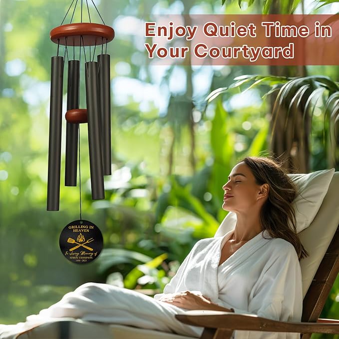 Personalized BBQ Memorial Wind Chime – “Grilling in Heaven” Custom Name & Years – Silver Engraved Grill Master Tribute – Outdoor Sympathy Gift – Memorial Wind Chimes for Loss of Loved One