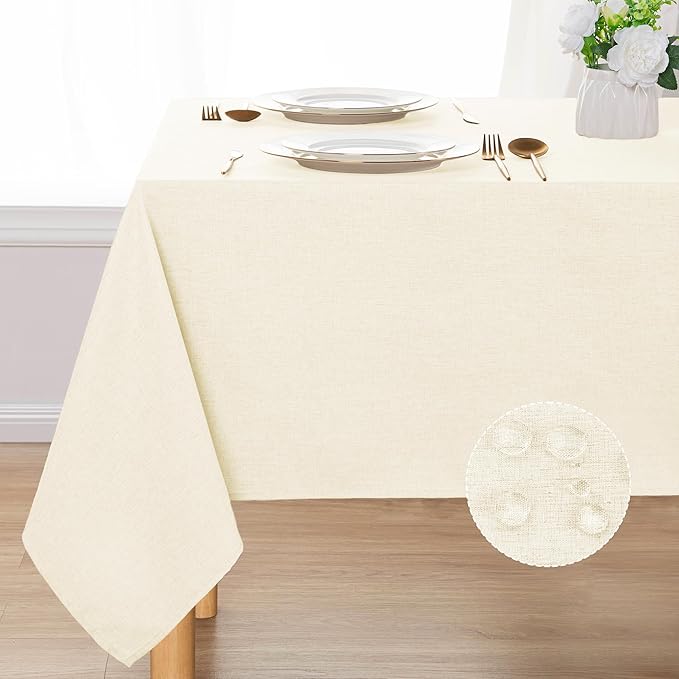 DWCN Rectangle Faux Linen Tablecloth - Textured Waterproof Spill-Proof Wrinkle and Stain Resistant Table Cloth Decorative Fabric Farmhouse Table Cover for Kitchen Dining, 60 x 120 Inch, Champagne