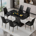 Modern Dining Table Set for 6, Marble Kitchen Table Chair Set for 6, Rectangular Kitchen Table with 6 Pu Leather Upholstered Chair for Dining Room (Black)