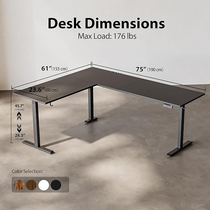 Agilestic L-Shaped Standing Desk Adjustable Height, Electric Corner Standing Desk, Sit Stand Up Desk, 75x61 inch Sit Stand Computer Table, Black