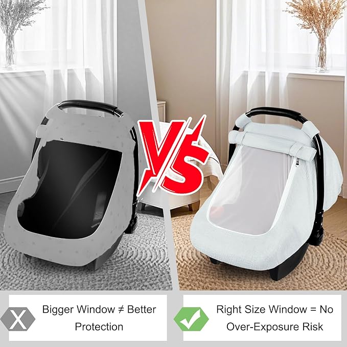 Muslin Car Seat Covers for Babies, Summer Baby Car Seat Cover for Boys Girls with Breathable Window, Lightweight Infant Car Seat Canopy, Gray
