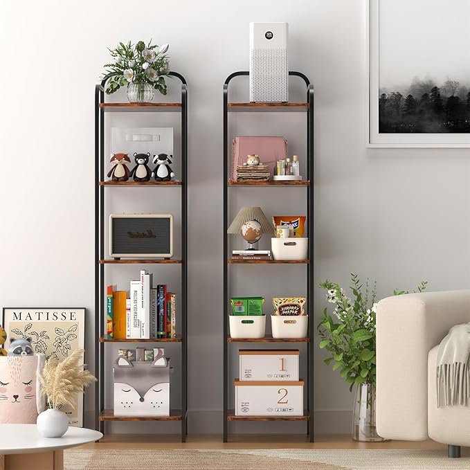 5 Tier Bookshelf, Bookcase with 5 Shelves, Storage Rack Organizer, Corner Wood Storage Shelf with Metal Frame for Bedroom, Living Room, Rustic Brown