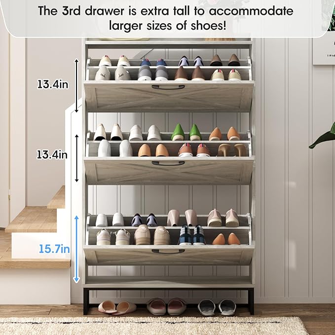 Maupvit Shoe Storage Cabinet with 3 Flip Drawers, Freestanding Organizer with Metal Legs for Entryway, Narrow Shoe Rack Cabinet, Beige