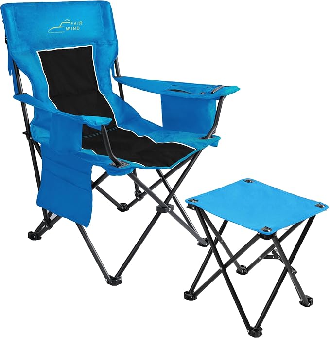 FAIR WIND Oversized Padded Camping Chair with Footrest Stool Heavy Duty Cooler Bag Chair for Fishing, Tailgating, Sports Games, Backyard - Support 300 LBS Blue