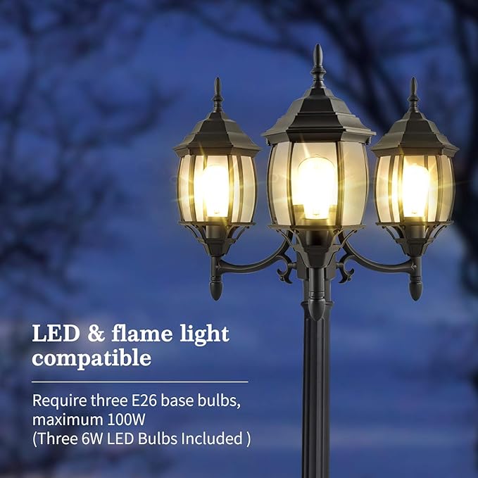 PARTPHONER Outdoor Lamp Post Light 3-Head, Classic Black with Clear Glass Panels, E26 Base Maximum 100W (3 LED Bulbs Included), Waterproof Street Light for Backyard, Garden, Driveway