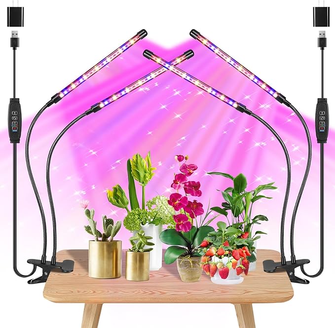 Black 2-Tube Clip-On Grow Light with Red/Blue/Yellow LEDs, Full Spectrum, 6/12/16H Timer, 3 Modes & 10 Dimmable Levels, for Indoor Plants (8W) (2 Pack)