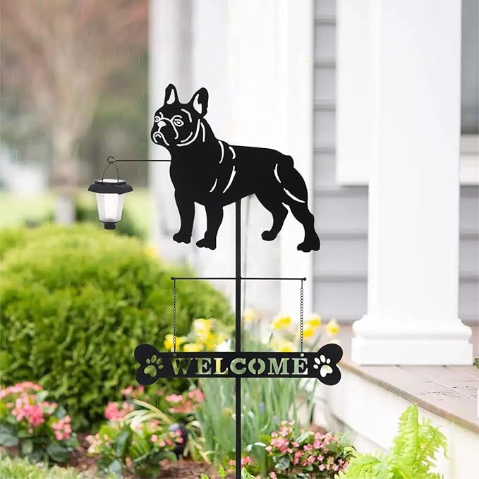 BAYN Solar French Bulldog Silhouette Dog Breed Welcome Sign with a Lantern Outdoor Decorative Garden Stakes for Yard, Lawn, Patio, Pathway