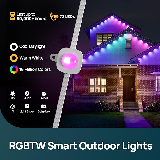 Linkind Permanent Outdoor Lights,100ft with 72 Triple-LED,AI Lighting,Smart RGBTW for Christmas Lights Outdoor,Christmas Decorations, IP67 Waterproof, Works with Alexa,Google Assistant