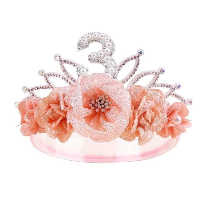 cherrboll Baby Girl Birthday Crown Floral Headband, Soft Flower Head Wrap Tiara Hairband for 1-3 Years Old Toddlers Kids 3rd Birthday Party Dress Photo Decoration