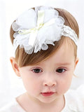 Baby Girls Hairband White Bow Lace Headbands Handmade Soft Stretchy Wide Head Band Newborn Hairbands with Bows Pearls Elastic Headband for Infant Hair Accessories（Ribbon Big Flower）