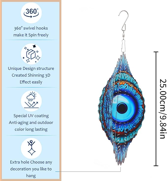 3D Wind Spinner Mandala 10 Inch Evil Eye Stainless Steel Wind Sculpture Blue Hanging Ornament Laser Cut Metal Art for Indoor Outdoor Garden Decoration Protective Amulet for Home and Yard
