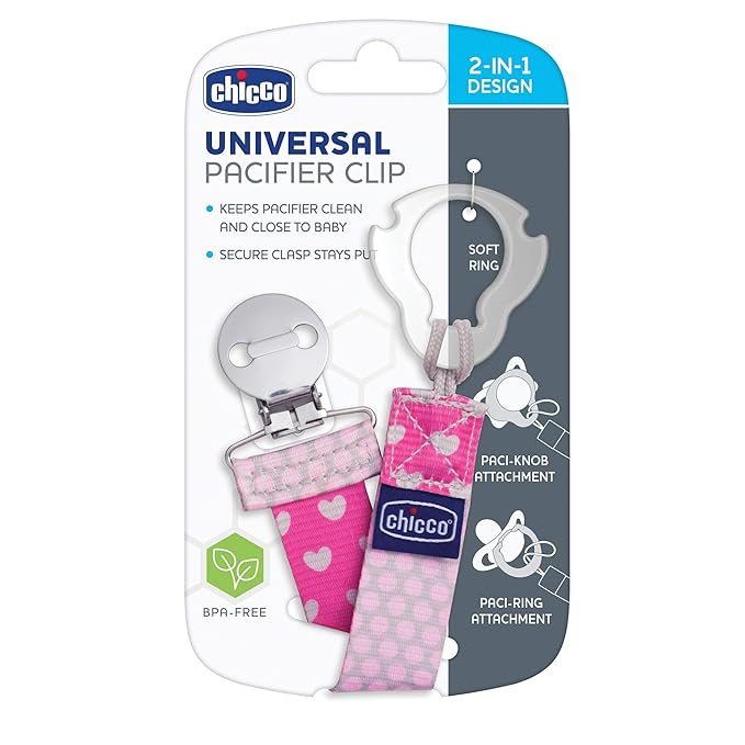Chicco Two-in-One Pacifier Clip with Loop and Ring Attachments | Loop for Teethers and Small Toys | Ring Included for Knob-Style Pacifiers | Secure Clasp is Gentle on Clothing | Pink (Pack of 2)