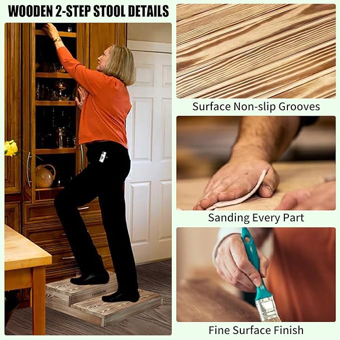 Wooden 2 Step Stool for High Beds, Moderate & Applicable 2-Step Stools for Seniors, Solid Wood steppingStool, Built-in Handle for Easy Carrying, 25.6" W