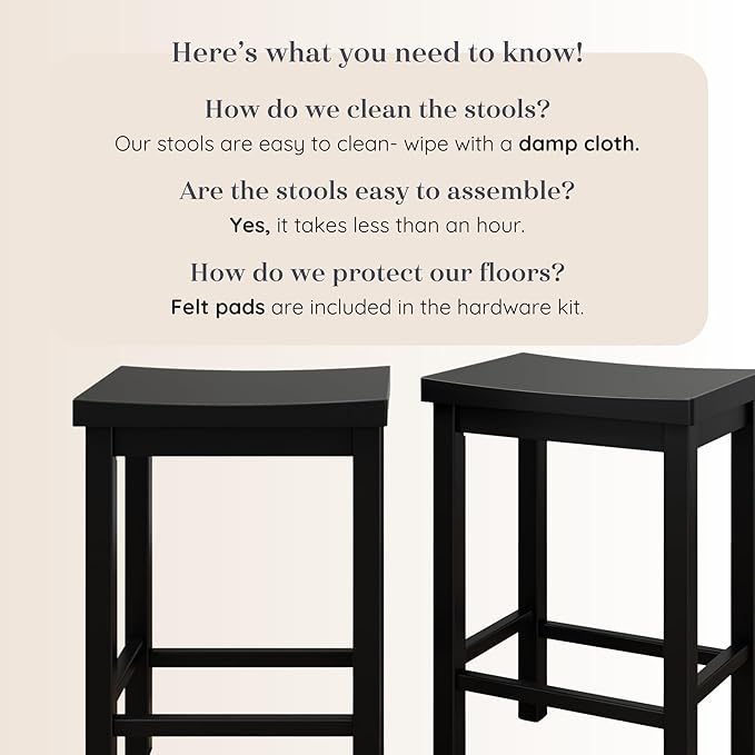 Grain & Grove Smith Collection Set of 2 Solid Wood Counter Height Bar Stools, 24-Inch Saddle Seat Backless Stools, Ideal for Kitchen Island, Dining, or Home Bar Seating, Black