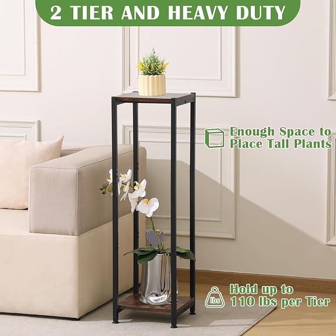 Extra Tall Plant Stand Indoor,40 Inch Plant Stands,2 Tier Metal Plant Stand with Heavy Duty Wood,Rustic Brown and Black