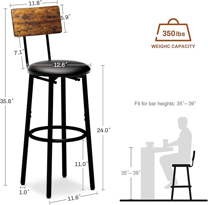Bar Stools with Back, High Kitchen Barstools with Back, Counter Stools Bar Chairs with Backrest, Footrest, Industrial Seat for Dining Room Kitchen Bar (Rustic Brown and Black) BS-003RBV1