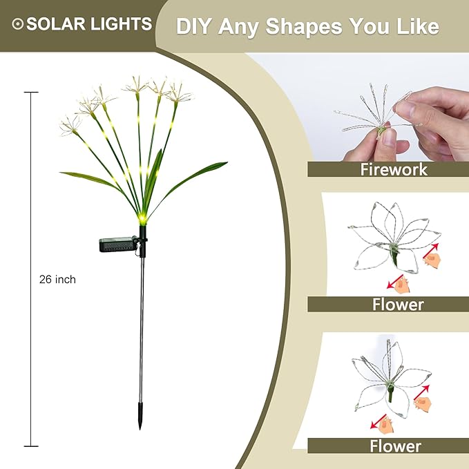 Solar Garden Lights Outdoor: Waterproof 2-Pack DIY Decorative Firework Lights with 2 Modes for Yard Patio Pathway Outside Fairy Decor - Gifts for Women Mom Mothers Day Warm White