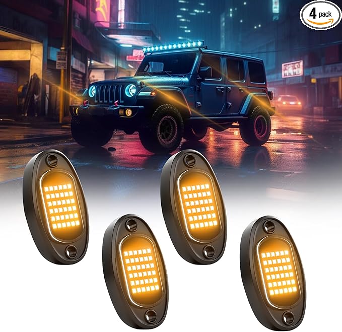 Rock Lights Ultra Bright LED Neon Underglow Lights Waterproof for Trucks Pickup SUV UTV ATV RZR Car Boats Motorcycle (Yellow, 4 Pods)