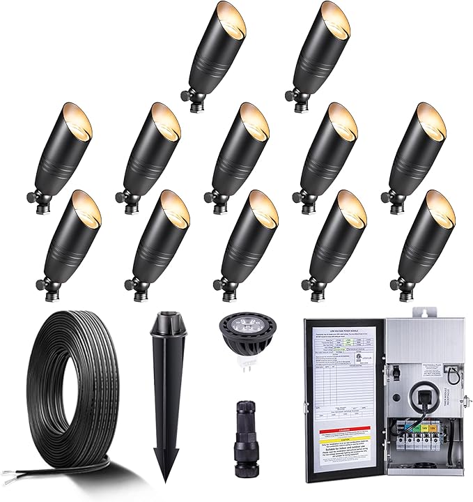 Gardenreet Black Brass Landscape Lighting Kit (12-Pack Spotlights) with 300W Low Voltage Transformer and Mechanical Timer and 250FT Wire and 50Pack Connectors for Outdoor Garden Patio