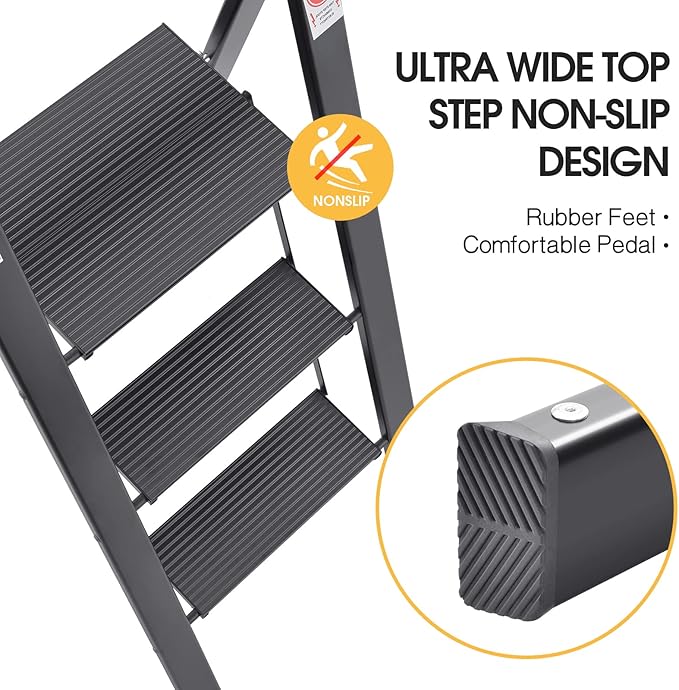 KINGRACK Aluminium 3 Step Ladder, Lightweight Step Stool with Non-Slip Pedals, Handrail, 330 LBS Foldable Step Ladder for Kitchen, Garage, Home, Space Saving, Sturdy and Portable, Black