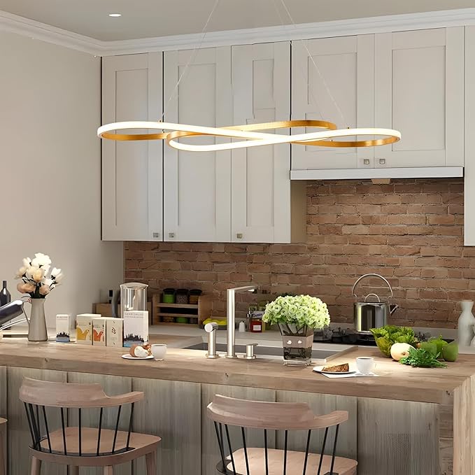 Gold Led Chandelier for Kitchen Island Lighting,Dimmable Modern Chandelier for Dining Room, L39.4" Modern Led Pendant Light Fixture Height Adjustable Brushed Gold Dining Room Light Fixture Over Table