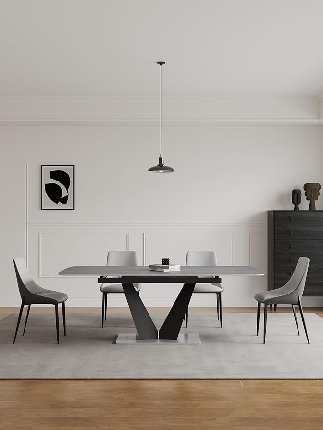 79" Modern Dining Table for 6-8 People, Gray Extendable Sintered Stone Top with V-Shaped Carbon Steel Base for Dining Rooms (1Table+4Chairs)