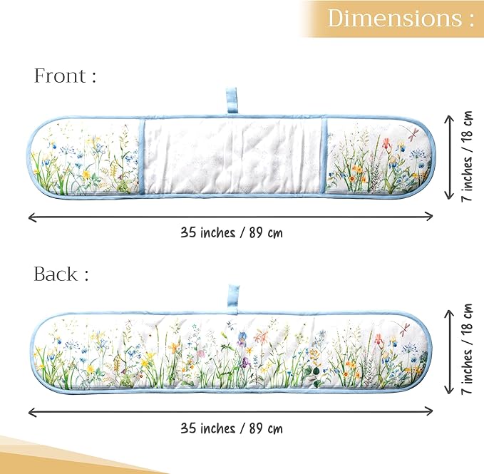 Maison d' Hermine Double Oven Mitts 100% Cotton 7"x35" Double Oven Mitt Heat Resistant BBQ Cooking Gloves with Loop, Baking, Grilling, Home, Kitchen, Handling Hot Pans Spring Summer (Fleurs De Mai)