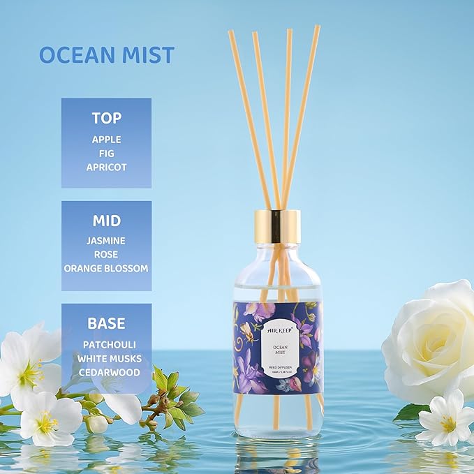 Airkeep Reed Diffuser Oil Set with Reed Sticks, Ocean Mist Aromatherapy Oil Scent Diffuser for Home Office Bathroom Decoration Perfume and Gifts 3.38 oz/100ml