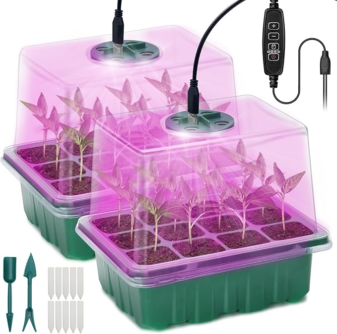 Seed Starter Tray, 2 Pcs Plant Propagation Station with Grow Light,Seedling Starter Trays with Timing Controller,Mini Greenhouse Kit with Humidity Domes and Base,Plant Tray for Seeds Growing Starting
