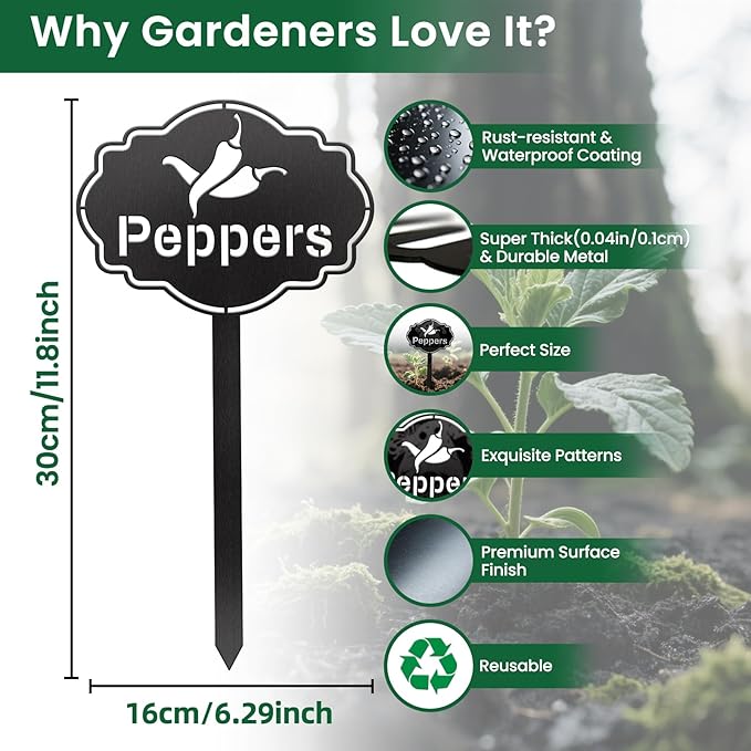 CUTHOLLOW Metal Plant Marker Stake Peppers for Outdoor Indoor, Waterproof 11.8 inch Cute Garden Plant Labels Sign Tag for Vegetables, Farmhouse Greenhouse Decor - Funny Gardening Gifts