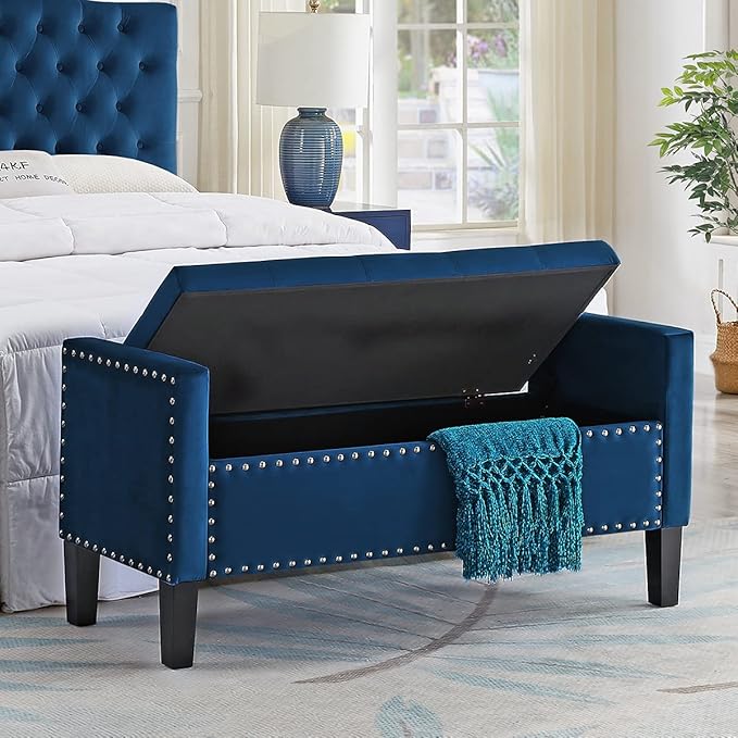 24KF Velvet Modern Upholstered Tufted Button Storage Bench with Arms for Bedroom,Entryway Living Room Soft Padded Seat-Navy