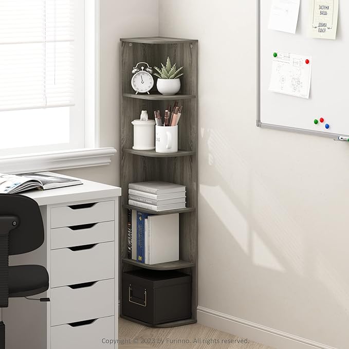 Furinno Pasir 5-Tier Corner Open Shelf Bookcase, French Oak