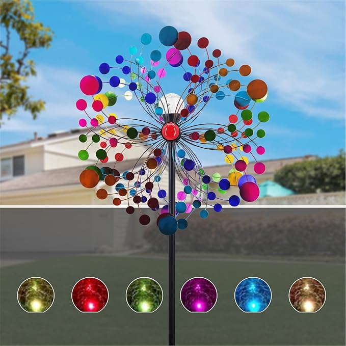 Outdoor Wind Spinner with Garden Stake 88.58" Metal Two-Way Wind Sculptures Solar Color Changing Lights Large Windmills for Garden,Patio,Yard,Lawn Decor Gifts Round