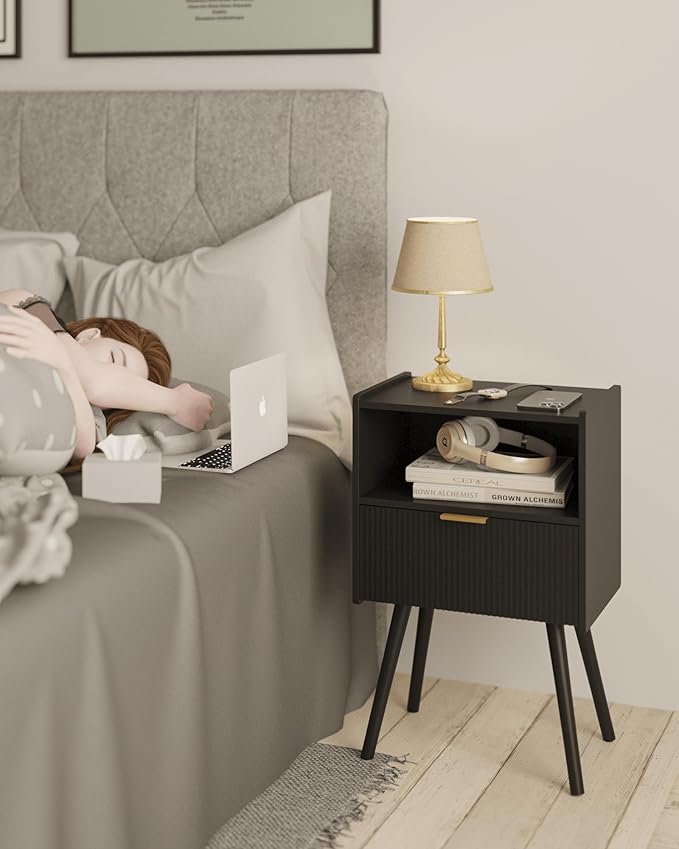 Black Nightstand,Modern Bedside Table with Storage Drawer and Open Wood Shelf, for Living Room, Bedroom and Small Spaces, Accent Night Stand with Solid Wood Legs, Easy Assembly,Classic Black