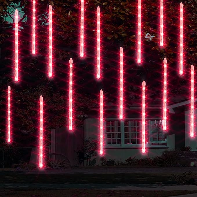 Dazzle Bright 288 LED Christmas Light, 11.8 Inch Meteor Shower Rain Lights with 8 Tubes，Waterproof Plug in Falling Rain Lights Christmas Decorations for Xmas Bushes Tree Yard Party (RED)