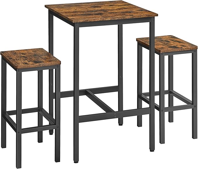 VASAGLE Bar Table and Chairs Set, Square Table with 2 Stools, Dining Pub Set for 2, Space Saving for Kitchen Breakfast, Living Room, Party Room, Rustic Brown and Ink Black