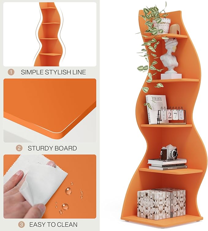 Tribesigns Corner Shelf, Modern 5-Tier Wall Corner Bookshelf, Stylish Corner Small Bookcase Storage Rack Plant Stand with Unique Shape for Living Room, Home Office (Orange, 2PCS)