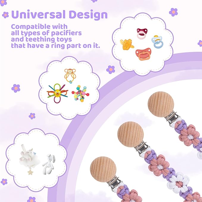 Pacifier Clip for Boys Girls Floral Daisy Macrame Baby Paci Clip Pacifier Holder Leash Boho Wooden Clips Handmade Braided Cotton Binky Clips (2pack:Lavender Style × 2)