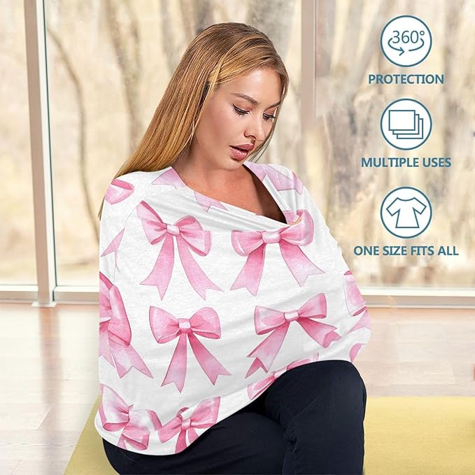 Pink Bows Stretchy Baby Car Seat Cover Soft Breathable Nursing Cover Breastfeeding Cover Multiuse Infant Carseat Stroller Cover for Girls and Boys