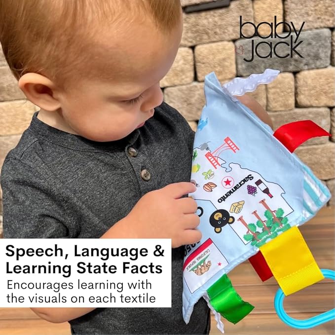 Baby Jack & Co 8x8” Learning Massachusetts State Tag Stroller Toy for Babies - Crinkle Toys for Developing Five Senses - Learn About Capitals - Travel with Baby Jack - BPA Free Clip