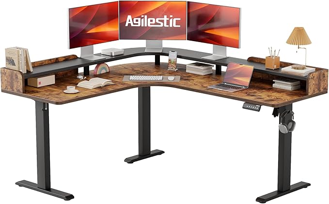 Agilestic L Shaped Standing Desk, Corner Desk with Monitor Shelf, Adjustable Height Gaming Table, Sit Stand Up Table, 63 x 55 Inch Home Office Computer Workstation, Splice Board, Rustic Brown