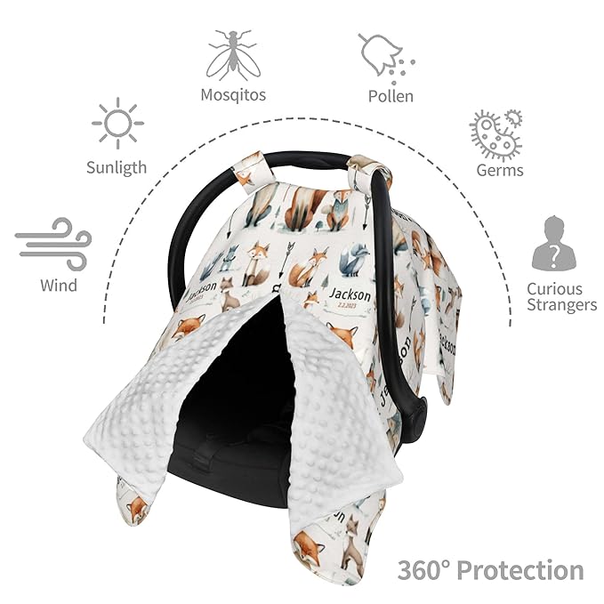 Personalized Winter Carseat Cover for Baby Custom Name Car Seat Canopy for Newborn Baby Boys Girls 2 in 1 Mom Nursing Breastfeeding Covers Woodland Minky Baby Carrier Stroller Covers