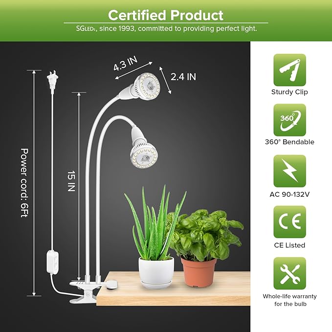 Grow Lights for Indoor Plants, LED 20 W Full Spectrum Bulb Replaceable Plant Light, 300 W Equivalent Clip on Grow Light with Optical Lens for Indoor Growing, Lifetime Free Bulb Replacement