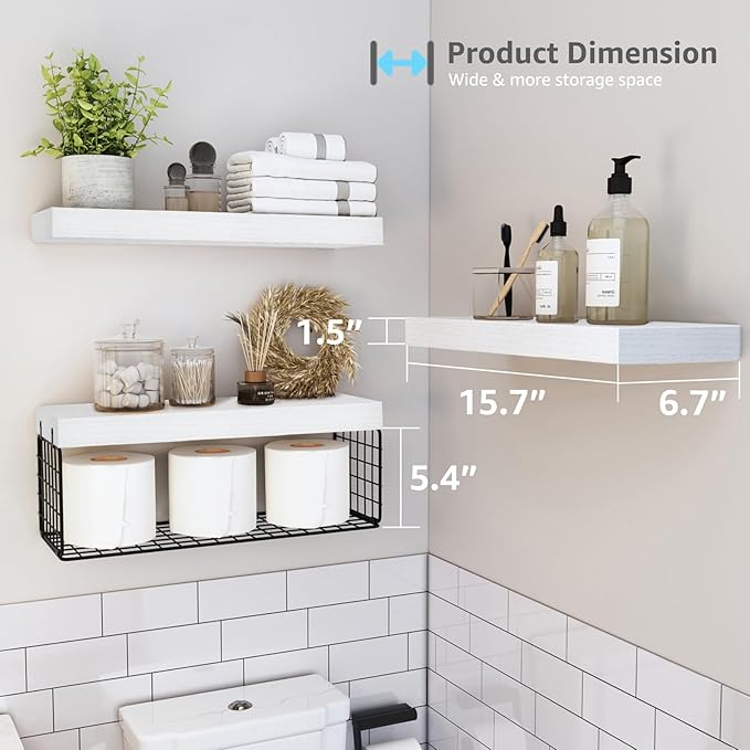 QEEIG Bathroom Shelves Over Toilet - Wall Mounted Floating Shelves Toilet Paper Storage Small Farmhouse Decor Shelf 16 inch Set of 3, White and Black (019-WB3)