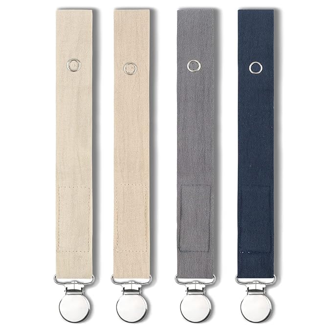 Baby Pacifier Clip Leash Holder Unisex for 4 Pack Gift Set with Neutral Solid Colors ;Soft Linen Pacifier Clips ; Fabric Pacifier Strap with Clip Keeps Pacifiers & Teethers in Place