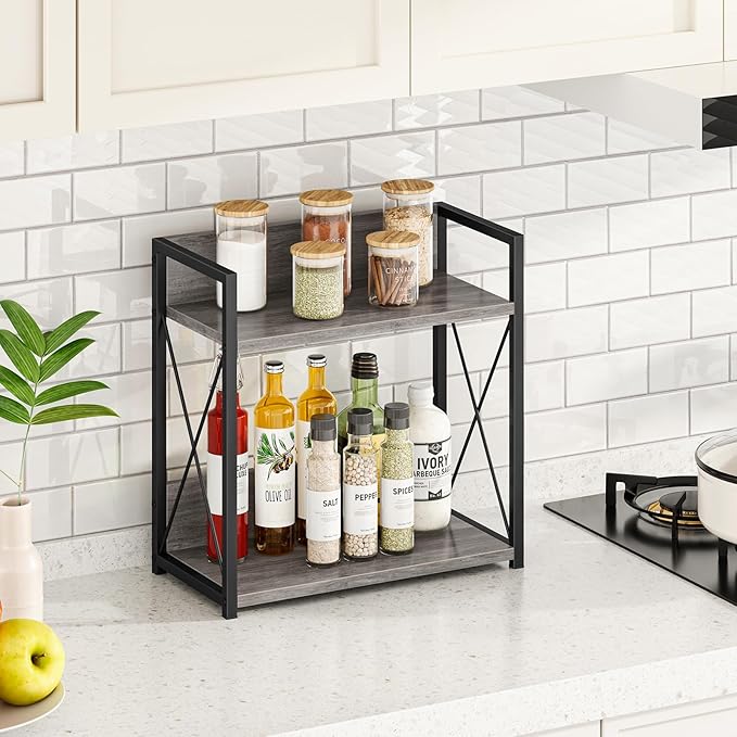 Giikin Coffee Bar Accessories, 2 Tier Spice Rack for Counter, Gray Kitchen Countertop Organizer (Grey, L)