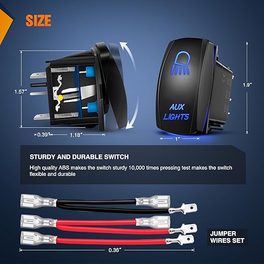 Nilight Aux Lights Rocker Switch Led Light Bar 5 Pin Laser On Off SPST switches 20A/12V 10A/24V Blue with Jumper Wires Set for Cars Trucks Boats ATVs UTVs RVs