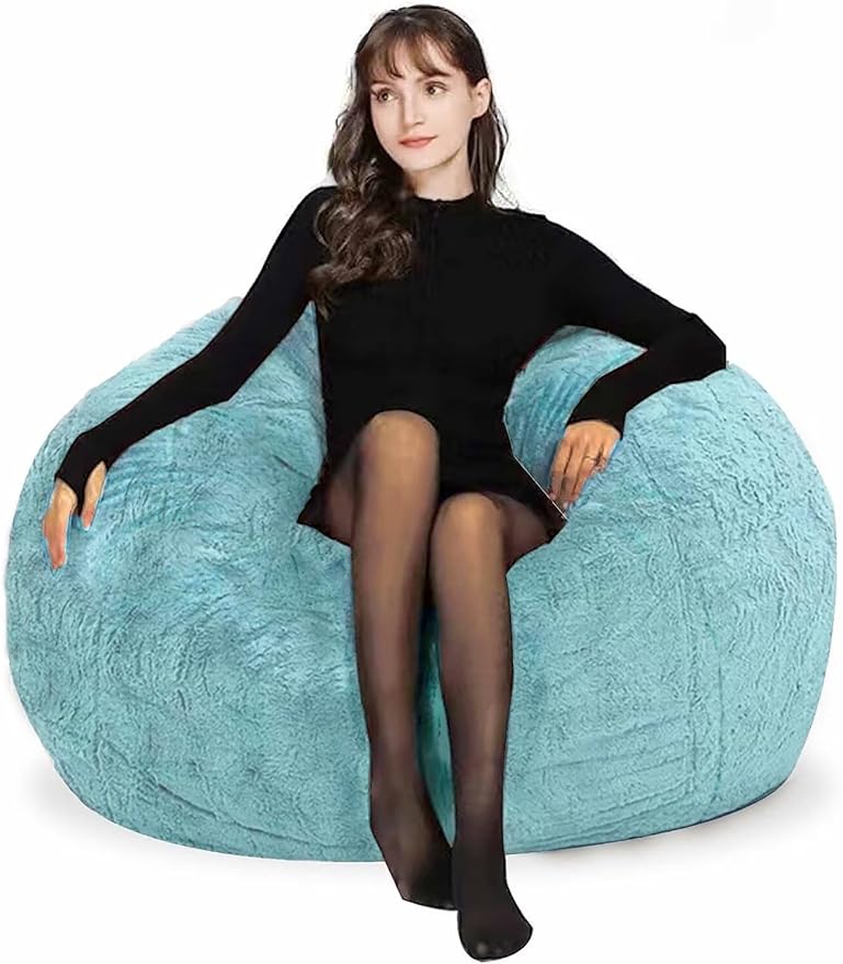 Bean Bag Chair for Adults Kids Without Filling Comfy Fluffy Round Beanbag Lazy Sofa Cover for Reading Chair Floor Chair, 3.5FT, Light Blue