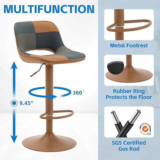 YOUNIKE Bar Stools Set of 2, Boho Colorful Patchwork Barstools, Adjustable Swivel Counter Height Bar Stool Faux Leather Upholstered Barstool with Back, Compact Bar Chair for Kitchen Island, TanGreen