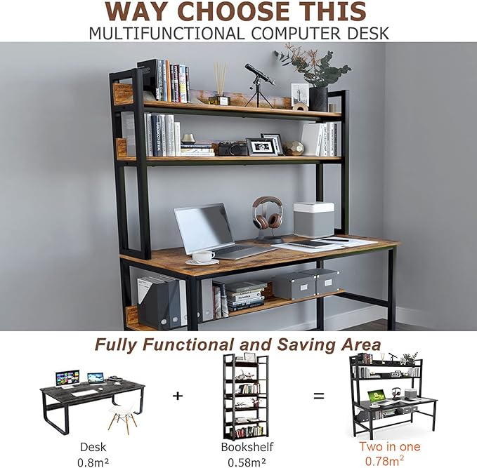Aquzee Computer Desk with Hutch, 47“W x 23.6" D Desk with Shelves, Tall Home Office Desk with Bookshelf, Metal Legs Study Table with Upper Storage Shelf for Study Writing/Workstation